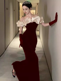 Sexy Mermaid Burgundy Velvet Prom Dresses With Gloves HZ1024