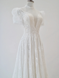 Princess A Line Tulle Sequin Blackless Short Sleeves Long Wedding Dresses HZ1024