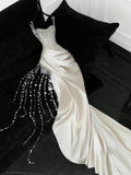 Gorgeous Mermaid Spaghetti Straps Satin Sequin Beads Long Wedding Dresses HZ1024