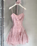 Pretty A Line Spaghetti Straps Tulle Lace Short Homecoming Dress 18th Birthday Outfits HZ1024