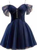 Elegant Ball Gown Straps Tulle Party Dress Navy Blue Homecoming Dresses HZ1024
