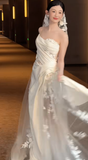 Timeless A Line One Shoulder Strap Satin Tulle Applique With Veil Long Wedding Dresses HZ1024