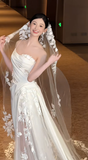 Timeless A Line One Shoulder Strap Satin Tulle Applique With Veil Long Wedding Dresses HZ1024