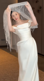 Elegant Mermaid Off The Shoulder Satin With Veil Long Wedding Dresses HZ1024