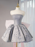 Pretty Gray Ball Gown Strapless Satin Sequin Back With Bow Short Homecoming Dress 16th Birthday Outfits HZ1024