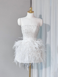 Sweet White Mermaid Strapless Satin Beads Feather Short Homecoming Dress 16th Birthday Outfits HZ1024