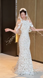 Gorgeous Mermaid Halter Tulle Lace Applique With Veil Long Wedding Dresses HZ1024