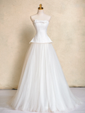 Dreamy A Line Strapless White Satin Tulle Long Wedding Dresses HZ1024