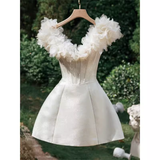 Elegant A Line V Neckline Tulle Birthday Dress White Homecoming Dress HZ1024