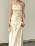 Simple Elegant Mermaid Strapless Satin Pleated Long Wedding Dresses HZ1024