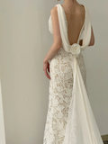 Unique Mermaid V Neck Satin Lace Backless Long Wedding Dresses HZ1024