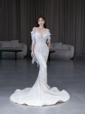 Dreamy Mermaid Off The Shoulder Satin Tulle Lace Beads Long Wedding Dresses HZ1024