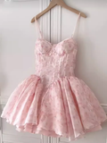 Simple A Line Spaghetti Straps Lace Birthday Dress Pink Homecoming Dresses HZ1024