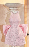 Cute Pink A Line Halter Satin Sequin Short Homecoming Dress Birthday Outfits HZ1024