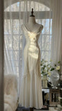 Unique Mermaid V Neck Satin Chiffon Long Prom Dresses Formal Dress HZ1024