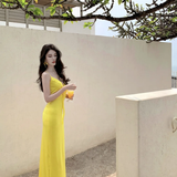 Yellow Mermaid Spaghetti Straps Satin Long Prom Dresses Formal Dress HZ1024