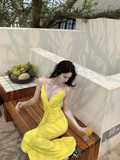 Yellow Mermaid Spaghetti Straps Satin Long Prom Dresses Formal Dress HZ1024