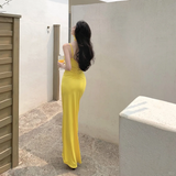 Yellow Mermaid Spaghetti Straps Satin Long Prom Dresses Formal Dress HZ1024