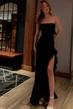Pretty Mermaid Strapless Black Satin Slit Long Prom Dresses Formal Dress HZ1024