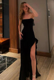 Pretty Mermaid Strapless Black Satin Slit Long Prom Dresses Formal Dress HZ1024