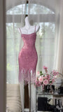 Sparkly Pink Mermaid Spaghetti Straps Sequin Tassel Short Homecoming Dress 19th Birthday Outfits HZ1024
