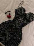 Stunning Mermaid Spaghetti Straps Black Satin Beads Short Homecoming Dress 20th Birthday Outfits HZ1024