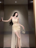 Pretty A Line Spaghetti Straps Chiffon Lace Slit Long Prom Dresses Formal Dress HZ1024