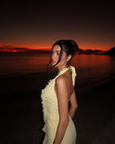 Pretty Mermaid Halter Pastel Yellow Chiffon Ruffles Long Prom Dresses Formal Dress HZ1024