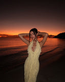 Pretty Mermaid Halter Pastel Yellow Chiffon Ruffles Long Prom Dresses Formal Dress HZ1024