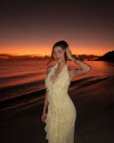 Pretty Mermaid Halter Pastel Yellow Chiffon Ruffles Long Prom Dresses Formal Dress HZ1024