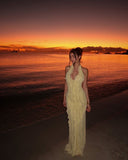 Pretty Mermaid Halter Pastel Yellow Chiffon Ruffles Long Prom Dresses Formal Dress HZ1024