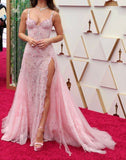 Pretty Mermaid Sapghetti Straps Tulle Lace Slit Long Prom Dresses Formal Dress HZ1024