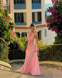Elegant Mermaid Halter Pink Satin Long Prom Dresses Formal Dress HZ1024