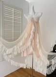 Princess A Line Spaghetti Straps Chiffon Tulle Ruffles Long Prom Dresses Formal Dress HZ1024