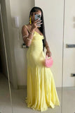Sexy Mermaid Spaghetti Straps Yellow Satin Long Prom Dresses Formal Dress HZ1024