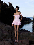 Pink A Line Off The Shoulder Satin Short Homecoming Dress 21th Birthday Outfits HZ1024