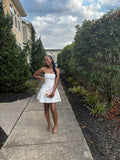 Pretty A Line Strapless White Satin Beads Short Homecoming Dress 17th Birthday Outfits HZ1024
