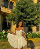Pretty A Line Off The Shoulder White Satin Short Homecoming Dress 20th Birthday Outfits HZ1024