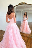 Pink A Line Spaghetti Straps Satin Tulle Long Prom Dresses Formal Dress HZ1024