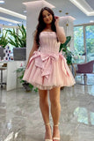 Pink Ball Gown Strapless Satin Tulle Bow Short Homecoming Dress 16th Birthday Outfits HZ1024