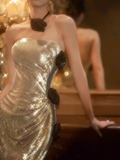 Sexy Mermaid Strapless Sequin Gold Prom Dresses HZ1024