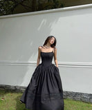 Classy A Line Spaghetti Straps Black Satin Long Prom Dresses Formal Dress HZ1024