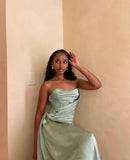 Stunning Mermaid Strapless Satin Pleated Beads Slit Long Prom Dresses Formal Dress HZ1024