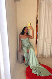 Stunning Mermaid Strapless Satin Pleated Beads Slit Long Prom Dresses Formal Dress HZ1024