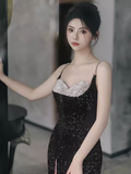 Sexy Mermaid Straps Sequin Black Prom Dresses HZ1024