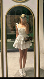 Pretty A Line Bow Spaghetti Straps Satin Tiered Short Homecoming Dress 20th Birthday Outfits HZ1024
