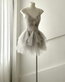 Pretty Gray A Line Spaghetti Straps Tulle Beads Short Homecoming Dress 17th Birthday Outfits HZ1024