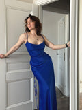Modest Tight Royal Blue Mermaid Spaghetti Straps Satin Long Prom Dresses Formal Dress HZ1024