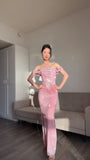 Shiny Mermaid Off The Shoulder Pink Satin Sequin Long Prom Dresses Formal Dress HZ1024