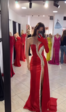Sexy Red Mermaid One Shoulder With One Long Sleeve Satin Beads Slit Long Prom Dresses Formal Dress HZ1024